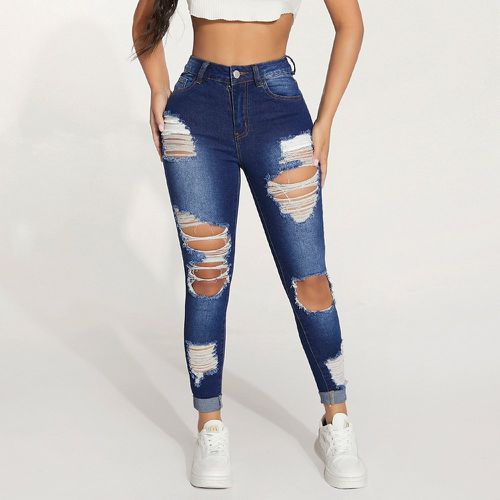 Jean skinny taille haute délavé découpe déchiré effiloché - SHEIN - Modalova