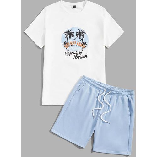 T-shirt à imprimé tropical et lettre & Short à cordon - SHEIN - Modalova