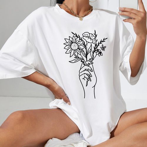 T-shirt oversize à imprimé floral et figure - SHEIN - Modalova