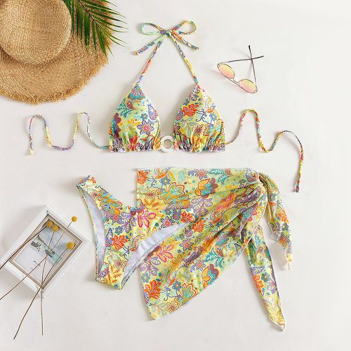 Bikini triangulaire ras-du-cou à imprimé floral aléatoire à détail anneau O & jupe de plage - SHEIN - Modalova