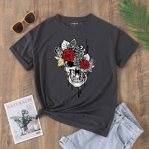 T-shirt à imprimé floral et tête de mort - SHEIN - Modalova