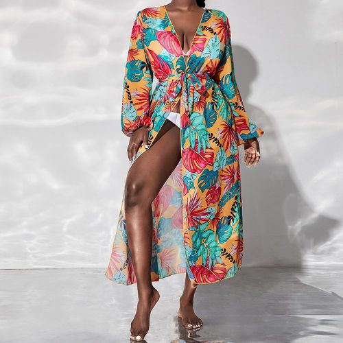 Kimono à imprimé tropical à manches bouffantes ceinturé - SHEIN - Modalova