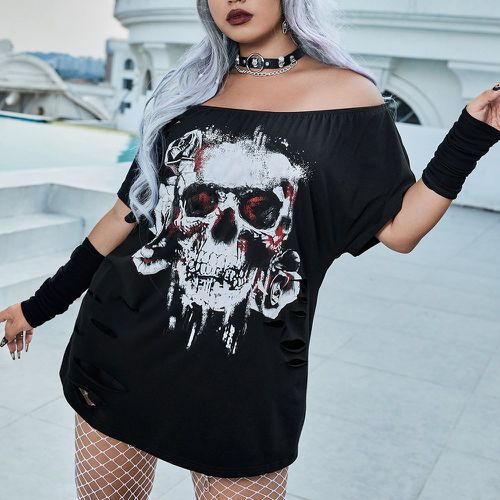T-shirt à imprimé floral et squelette découpe col bardot - SHEIN - Modalova