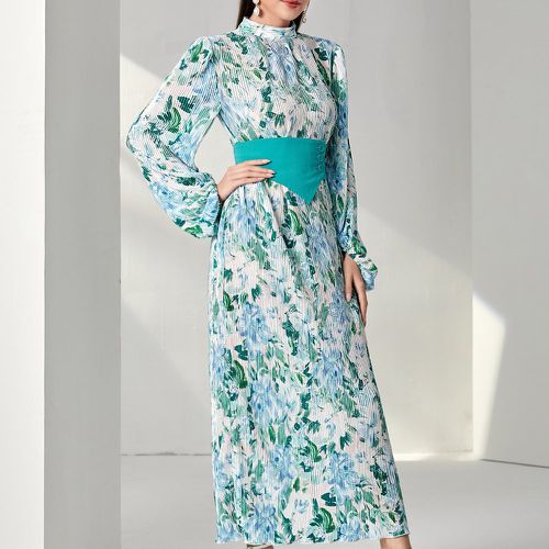 Robe à imprimé floral manches bouffantes à col montant avec corset - SHEIN - Modalova