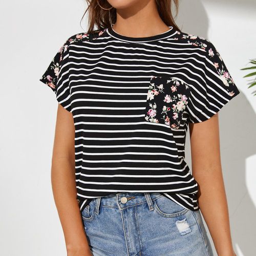 T-shirt à rayures à imprimé floral patch à poche manches chauve-souris - SHEIN - Modalova