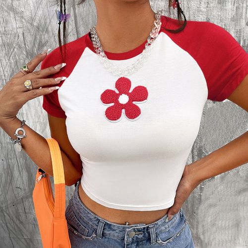 T-shirt court fleuri à applique contrastant à manches raglan - SHEIN - Modalova