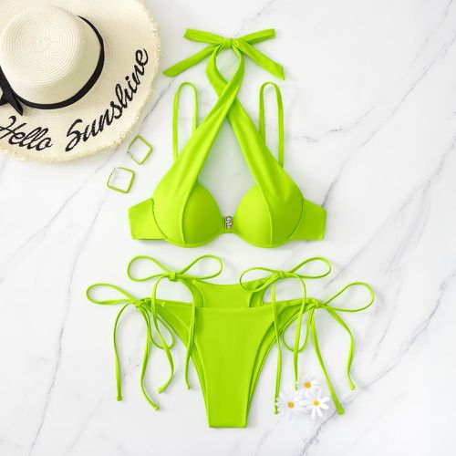 Bikini vert fluo ras-du-cou push-up à nœud - SHEIN - Modalova