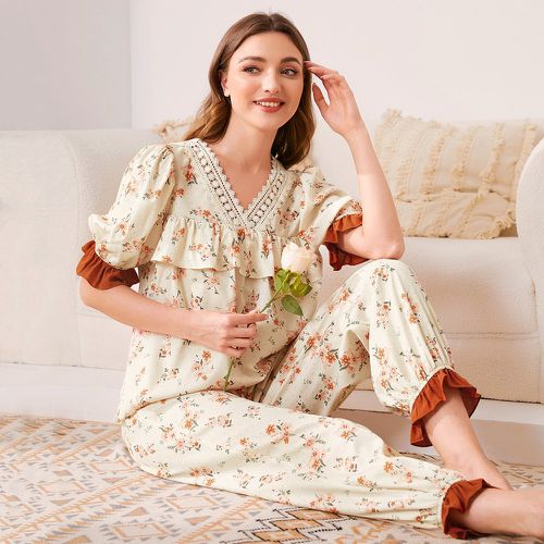 Ensemble de pyjama à imprimé floral à manches bouffantes dentelle à volants - SHEIN - Modalova