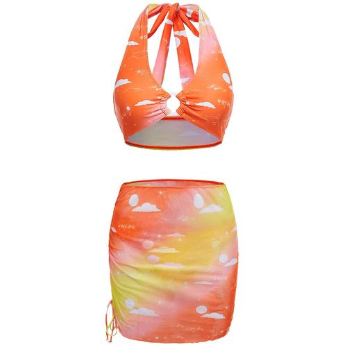 Pièces Bikini soleil & à motif nuage à blocs de couleurs à lien anneau & jupe de plage - SHEIN - Modalova