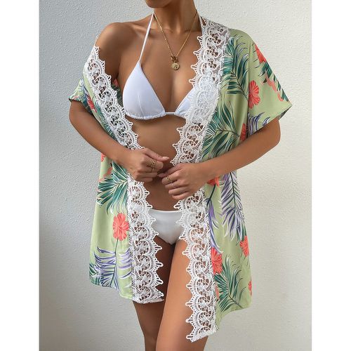 Kimono à imprimé tropical ourlet en dentelle - SHEIN - Modalova