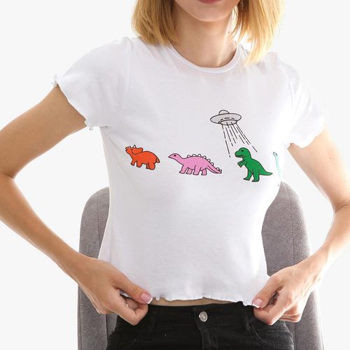 T-shirt à imprimé dinosaure à ourlet ondulé - SHEIN - Modalova