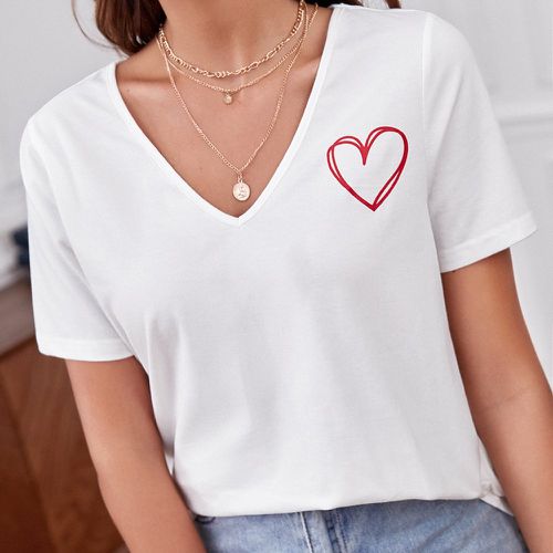 T-shirt à imprimé cœur col en V - SHEIN - Modalova