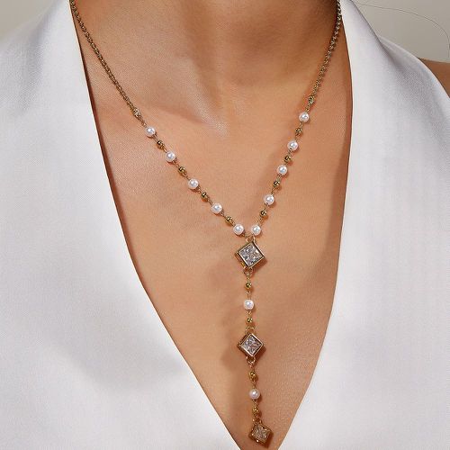 Collier avec pendentif à fausse perle zircone cubique à breloque carré - SHEIN - Modalova