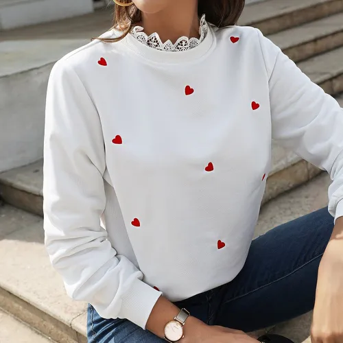 Sweat-shirt à broderie cœur ourlet en dentelle - SHEIN - Modalova