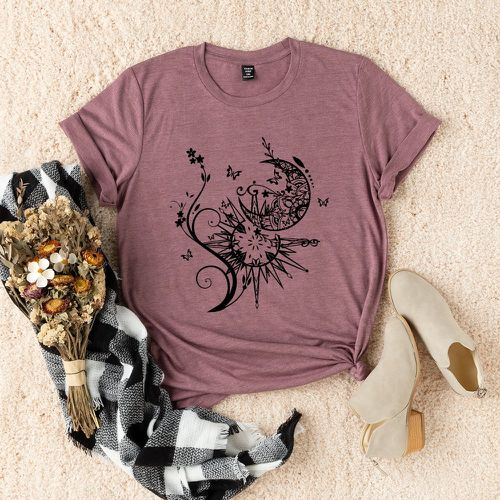 T-shirt lune & à imprimé floral - SHEIN - Modalova