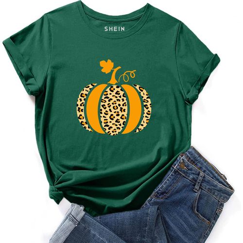 T-shirt à imprimé citrouille et léopard - SHEIN - Modalova