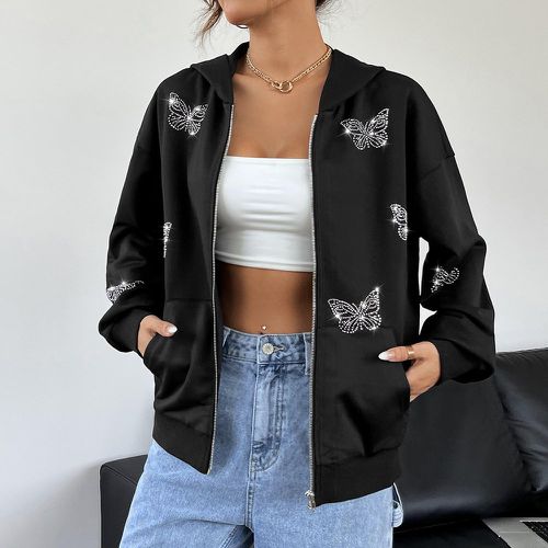 Sweat-shirt à capuche zippé à strass à motif papillon - SHEIN - Modalova