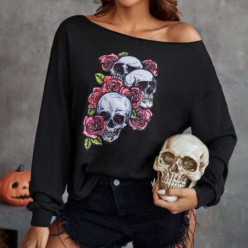 Sweat-shirt à imprimé floral et tête de mort à col bateau - SHEIN - Modalova