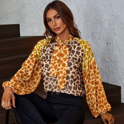 Blouse léopard à blocs de couleurs manches bouffantes à nœud - SHEIN - Modalova