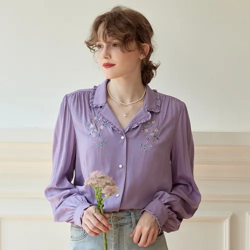 Chemise brodé fleur à plis - SHEIN - Modalova
