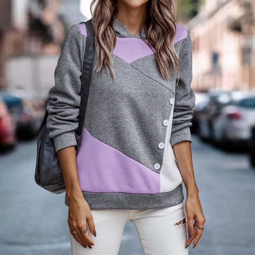 Sweat-shirt à capuche à blocs de couleurs à bouton - SHEIN - Modalova