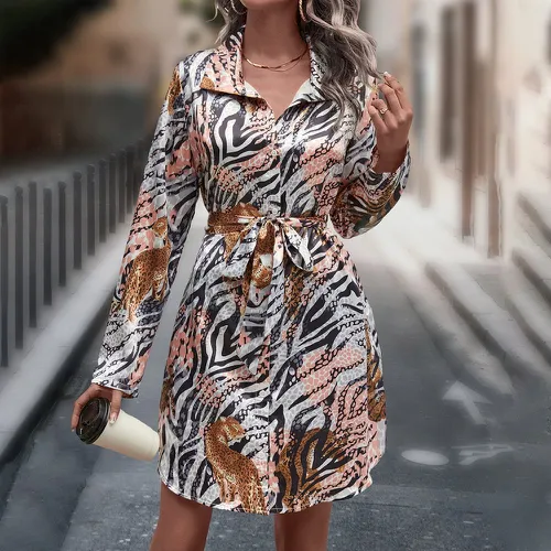 Robe chemise à rayures zébrées & léopard ceinturé - SHEIN - Modalova