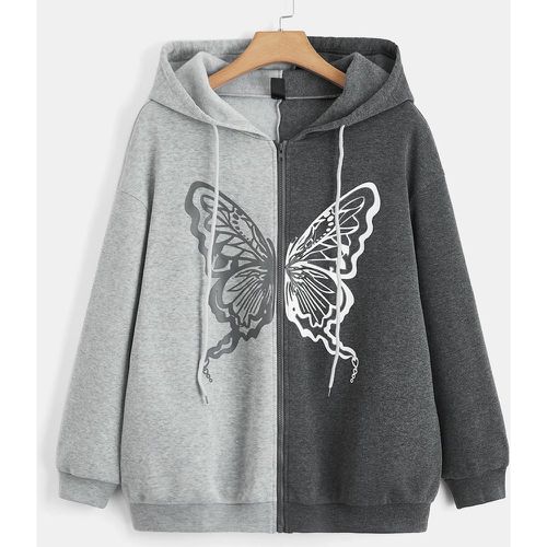 Sweat-shirt à capuche à imprimé papillon bicolore à cordon - SHEIN - Modalova