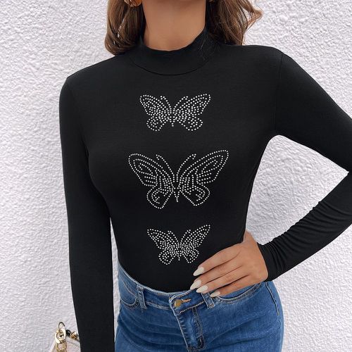 T-shirt à strass à motif papillon à col montant - SHEIN - Modalova