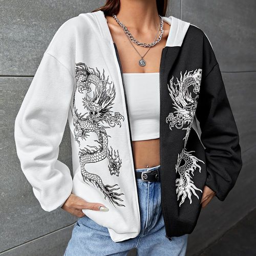 Sweat-shirt à capuche à imprimé dragon chinois bicolore - SHEIN - Modalova