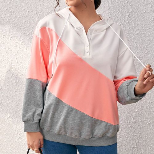 Sweat-shirt à capuche à blocs de couleurs à bouton à cordon - SHEIN - Modalova