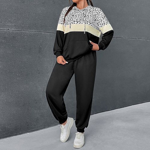Pantalon de survêtement & sweat-shirt à capuche à léopard à blocs de couleurs à cordon - SHEIN - Modalova
