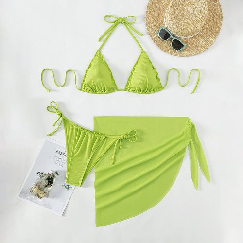 Bikini triangulaire ras-du-cou unicolore à ourlet ondulé avec jupe de plage - SHEIN - Modalova