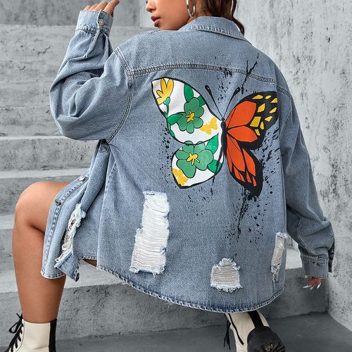 Veste en jean à imprimé floral et papillon déchiré - SHEIN - Modalova