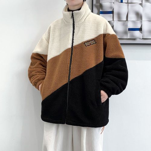 Manteau d'hiver à blocs de couleurs à applique à cordon en tissu duveteux - SHEIN - Modalova