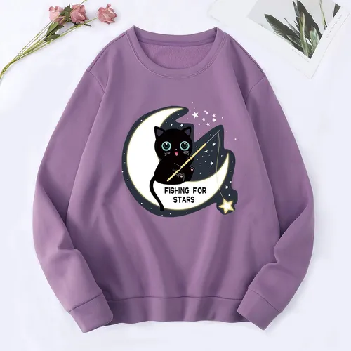 Sweat-shirt chat & à imprimé lune à doublure thermique - SHEIN - Modalova