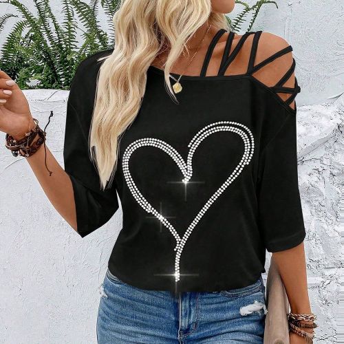 T-shirt Imprimé Cœur Croisé À Col Asymétrique - SHEIN - Modalova
