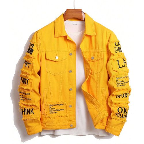 Veste en jean avec rabat et poche graphique, style grunge rappeur, sans t-shirt, vêtementss en coton jaune, tenue 2 piècess en jaune, veste graphiqu - SHEIN - Modalova