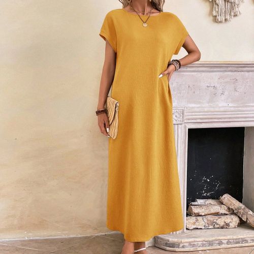 Robe à manches chauve-souris à col rond longue jaune printempss - SHEIN - Modalova