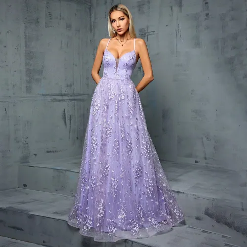 Robe de demoiselle d'honneur maxi avec dos nu, décolleté en V, bretelles spaghetti, dentelle brodée, sexy, Robe de soirée, Robe de mariée, Robe d - SHEIN - Modalova
