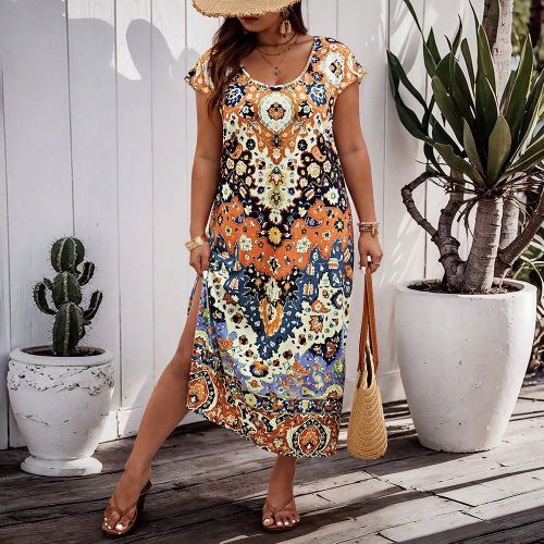 Robe d'été vintage imprimée avec fente, grande taille - SHEIN - Modalova
