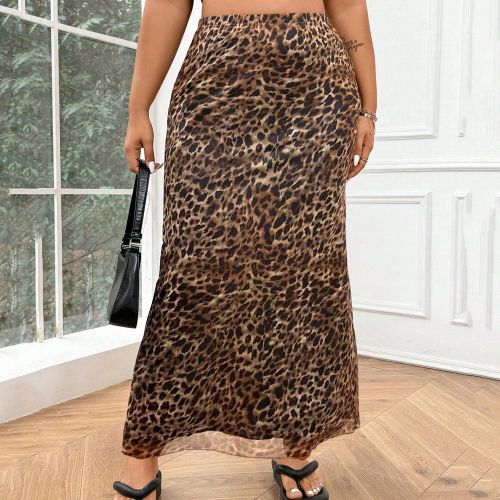 Jupe mi-longue en mesh à imprimé léopard vintage pour grande taille - SHEIN - Modalova