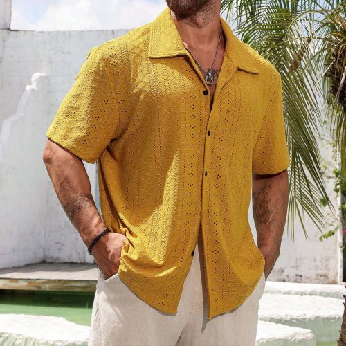 Chemise d'été décontractée amples, de couleur unie, avec broderie ajourée, parfaite pour les vacances - SHEIN - Modalova