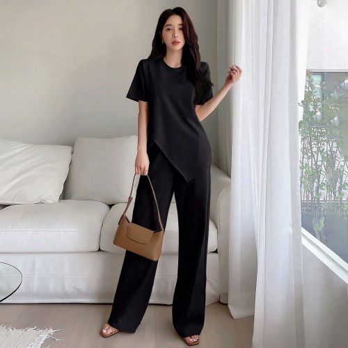 T-shirt à manches courtes asymétrique et pantalon à jambe large, ensemble casual 2 pièces/set - SHEIN - Modalova