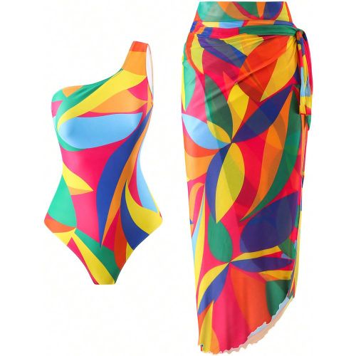 Maillot de bain une épaule imprimé pour la plage, bikini Monokini et jupe de bain froncée à nouer à l'avant - SHEIN - Modalova