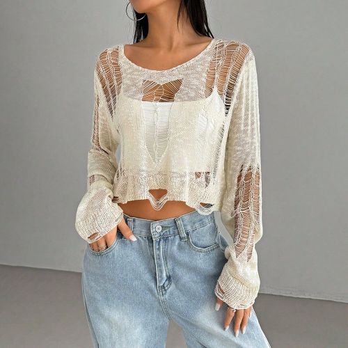 Pull en maille asymétrique déchiré et décontracté - SHEIN - Modalova
