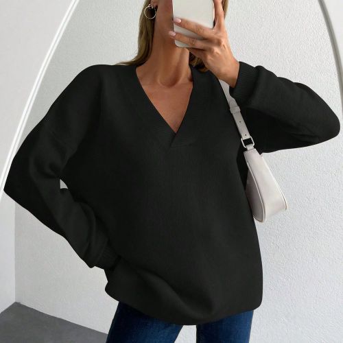 Pull Unicolore Col En V Épaule tombante - SHEIN - Modalova