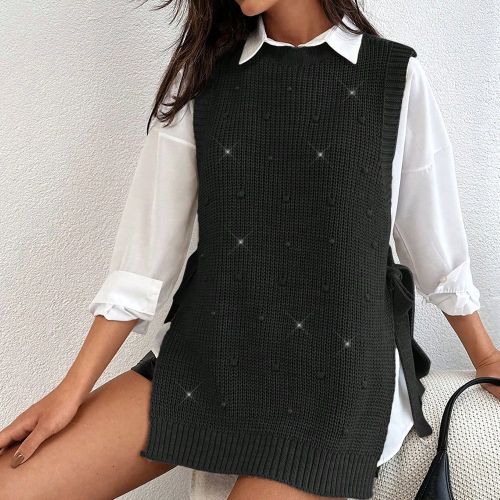 Pull sans manches à col rond avec perles - SHEIN - Modalova