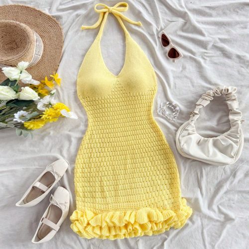 Robe en tricot à encolure ras-du-cou, dos nu, avec volants pour les vacances - SHEIN - Modalova