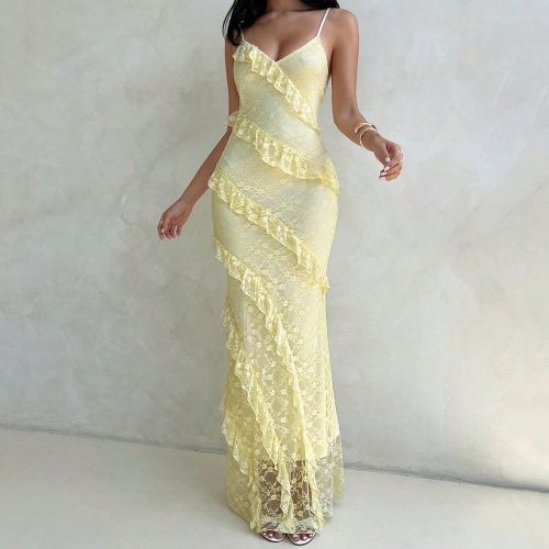 Robe de soirée de couleur unie, romantique, col en V, bretelles fines, volants en dentelle jaune, ourlet sirène, fourreau, convient pour les vacance - SHEIN - Modalova