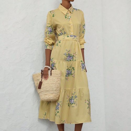 Robe décontractée manches longues avec imprimé aléatoire de rayures et de fleurs - SHEIN - Modalova